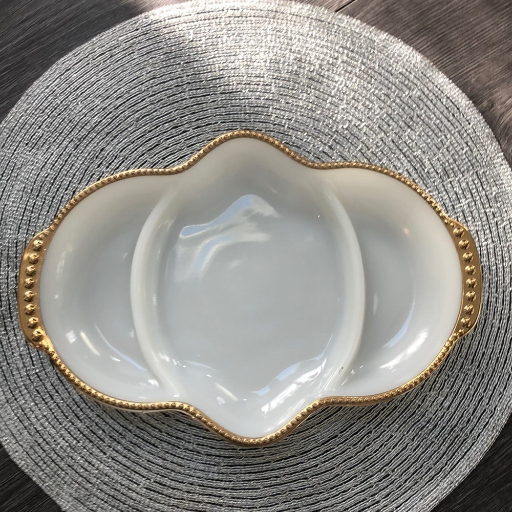 Rare Vintage Fire King Divided Milk Glass And Gold Divided Serving Dish